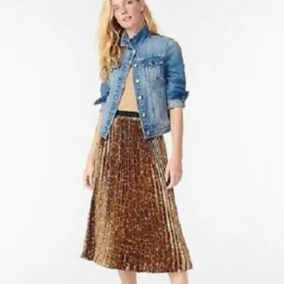 J.Crew Paulina Foil Leopard Midi Pleated Skirt – Size 12 – Shimmering Leopard - Picture 1 of 11